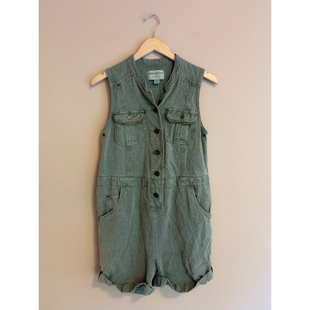 Marrakech Utility Romper Green Linen Lyocell Sleeveless Button Front XS
